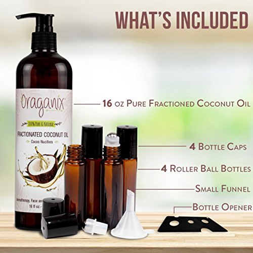oraganix fractionated coconut oil with roller bottles 100 pure natural 16 oz coconut oil 2ml essential oil roller bottles caps funnel and bottle opener for massage oil skin and ha 5e19f1cc51f9f