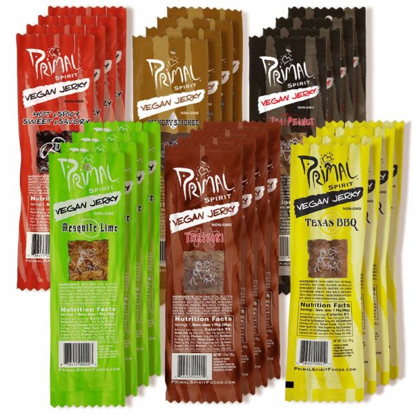 primal spirit vegan jerky our sampler pack 10g plant based protein certified non gmo the classics thai peanut mesquite lime teriyaki hot spicy hickory smoked 03 5e32dd8dc7a8a