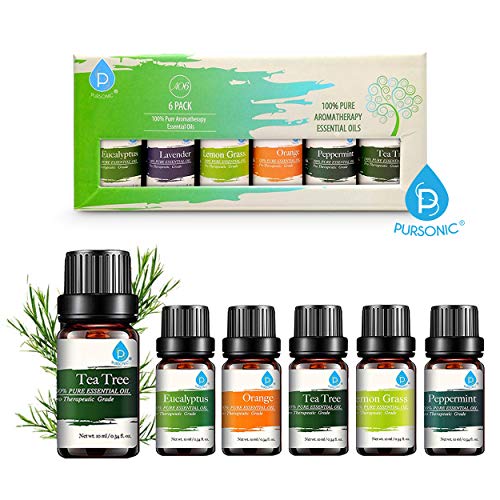 pursonic 100 pure essential aromatherapy oils gift set 6 pack 10mleucalyptus lavender lemon grass orange peppermint tea tree 5e27a976d91f4