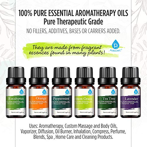 pursonic 100 pure essential aromatherapy oils gift set 6 pack 10mleucalyptus lavender lemon grass orange peppermint tea tree 5e27a97c3a833