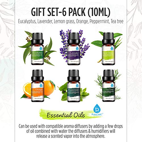 pursonic 100 pure essential aromatherapy oils gift set 6 pack 10mleucalyptus lavender lemon grass orange peppermint tea tree 5e27a97d86e4c