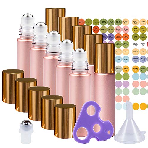 rose gold ultimate essential oil roller bottles set with stainless steel balls 10 pack 10ml leakproof glass bottle with 11 rollerballs for perfume aromatherapy oils 1 funnel opener 19 5e19f128bd453