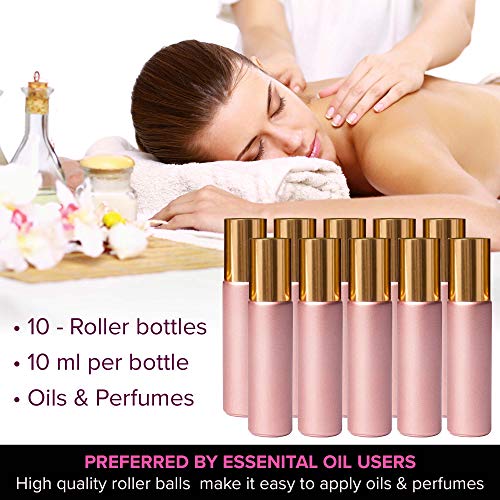 rose gold ultimate essential oil roller bottles set with stainless steel balls 10 pack 10ml leakproof glass bottle with 11 rollerballs for perfume aromatherapy oils 1 funnel opener 19 5e19f12acb1c3