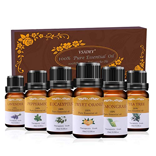 vsadey essential oils set top 6 aromatherapy essential oils for diffuser massage skin and hair care sweet orange lavender tea tree peppermint lemongrass eucalyptus 100 pure 6 x 10ml 5e18f627c85b2